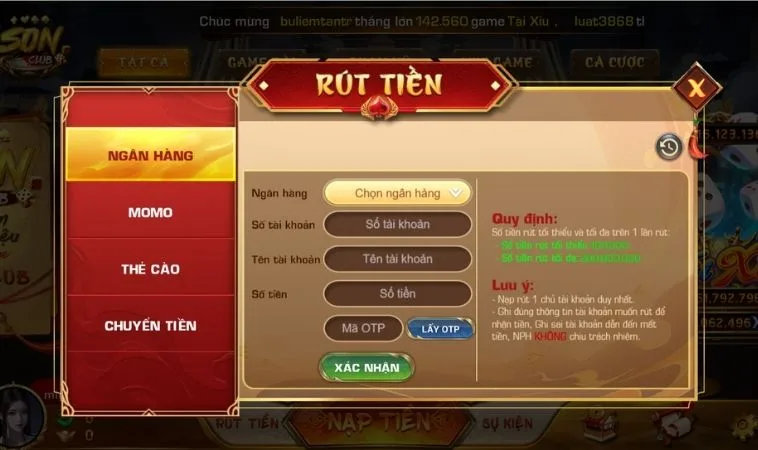 Rút Tiền SonClub Nhanh Chóng Và An Toàn Chỉ Trong 5 Phút 2 Giao diện rút tiền SonClub